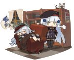  2girls :&lt; =_= animal arm_up armchair asymmetrical_footwear beret black_hat black_legwear black_skirt blush blush_stickers book bookshelf boots boots_removed building cat chair checkered checkered_floor cloud commentary_request curtains drooling eyes_closed flat_cap g11_(girls_frontline) girls_frontline green_eyes green_hat green_jacket hair_ornament hand_on_hip hat hk416_(girls_frontline) indoors itsuki_tasuku jacket long_hair long_sleeves lying miniskirt multiple_girls night night_sky on_back parted_lips pleated_skirt purple_jacket red_footwear saliva silver_hair single_boot skirt sky skyscraper thighhighs triangle_mouth v-shaped_eyebrows very_long_hair window zzz 