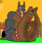  &lt;3 2015 4_toes abs anthro ball biceps big_muscles canine claws collar doberman dog feet hindpaw hypnosis male mammal mind_control muscles nude open_mouth paws pecs plantigrade soles solo toe_claws toes tongue tongue_out zp92 