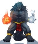  abs biceps big_muscles black_fur canine chest_tuft fire fur glowing male mammal muscles pecs red_eyes rikitsu tattoo teeth tuft wolf wristband 