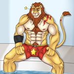  abs biceps big_muscles blue_eyes bulge chest_tuft clothing fur kraidhiel male mammal muscles nipples one_eye_closed pecs pool solo swimsuit tattoo tongue tuft water wink wristband 