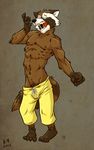  2014 abs anthro biceps brown_fur clothed clothing eyes_closed fur guardians_of_the_galaxy half-dressed k-9 male mammal marvel muscles open_mouth pecs raccoon rocket_raccoon 