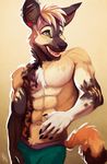  abs african_wild_dog biceps canine chest_tuft ear_piercing fluff fur green_eyes littlefreckles male mammal muscles pecs piercing tuft 