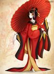  2015 absurd_res amber_eyes antennae anthro arthropod black_hair clothed clothing female hair hi_res insect japanese_clothing kimono long_hair makeup multi_limb multiple_arms solo standing tatara94 umbrella white_skin 