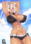  areola_slip areolae armpits arms_behind_head arms_up battleship_hime bikini bikini_top breasts cleavage covered_nipples dark_skin hair_between_eyes highres horn horns kantai_collection large_breasts looking_at_viewer mizuumi_(bb) multiple_girls musashi_(kantai_collection) muscle muscular_female navel oni_horns pale_skin pointy_hair red_eyes shinkaisei-kan short_hair_with_long_locks short_shorts shorts smile swimsuit tall twintails two_side_up white_hair white_skin 