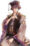  1boy bead_bracelet beads bell black_hat bracelet brown_eyes hat jewelry jingle_bell looking_to_the_side mizuki1196 official_art pipe seiza sengoku_hanafuda_kassen sitting solo tassel white_background wide_sleeves wristband 