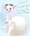  big_breasts big_diaper breasts burping dialogue diaper digestion feces female hair humanoid hyper hyper_feces invalid_tag league_of_legends messy_diaper nude open_mouth pointy_ears pooping purple_skin scat solo sy0p teeth text tristana video_games vore white_hair yordle 