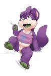 anthro belly bottomless butt cheek_tuft cigarette claws clothed clothing cub female fur green_tongue hair_tuft half-dressed hi_res hindpaw kantra lando looking_up mammal mustelid navel open_mouth otter pawpads paws plain_background purple_fur pussy shirt sitting smoking solo spread_legs spreading tan_fur tank_top teeth tongue tuft white_background yellow_eyes young 