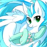  2015 ambiguous_gender ask_blog asphagnum blue_hair claws dragon feathers feral fur furred_dragon green_eyes hair mammal official_art patch_(character) paws white_fur wings 