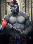  2014 abs axe beard biceps canine clothed clothing facial_hair fur hat littlefreckles male mammal muscles open_mouth pecs solo weapon wolf 