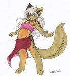  anthro belly cairo cat chibi clothed clothing collar cub feline female fur hair invalid_tag koshkio long_hair looking_at_viewer mammal shackles skirt solo spots standing young 