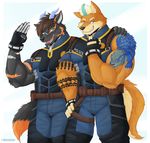  baton biceps blue_eyes canine clothing dingo gloves horn male mammal muscles naruever police tattoo uniform 