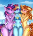  2015 anthro anthrofied beach bikini blonde_hair blue_hair blue_skin blush breasts cleavage clothed clothing cloud cutie_mark equine eyes_closed eyewear falleninthedark feathers female friendship_is_magic glasses hair horn horse invalid_tag kissing long_hair mammal multicolored_hair my_little_pony navel orange_hair outside pink_hair pony purple_feathers purple_hair purple_skin rainbow_dash_(mlp) rainbow_hair sand seaside sky stadning sunglasses swimsuit teeth thick_thighs twilight_sparkle_(mlp) unicorn wide_hips winged_unicorn wings yellow_skin 