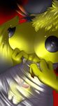 anthro big_breasts big_nipples black_fur black_llips black_nipples breasts claws clothing digimon fan_character female fur huge_breasts lips mirapony nipples pussy renabastet renamon smile solo tight_clothing translucent_clothing undressing yellow_fur 