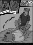  accidental_erection after_the_party bed canine clothing comic couple cum cum_on_self dialogue erection jackaloo male male/male mammal masturbation on_bed party penis 