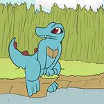  2015 aliasing ambiguous_gender grass nintendo outside pok&eacute;mon red_eyes scalie sitting sky smile solo totodile trout_(artist) video_games water 