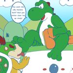  1:1 2015 anthro avoid_posting blue_eyes bodily_fluids boots bowser_jr. clothing dialogue dominant duo english_text feet foot_fetish foot_lick foot_play footwear green_yoshi hi_res koopa koopa_clown_car licking male mario_bros nintendo open_mouth rohly scalie sitting sweat text tongue tongue_out toony yoshi yoshi's_island 