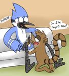  avian blush cartoon cartoon_network cute drooling male male/male mammal mordecai penis raccoon regular_show rigby saliva sofa surprise text xiamtheferret 