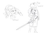  :3 amphibian angry anthro arachnid armor arthropod beatriz_overseer blush bow chochi crossed_arms duo fangs female frog frown male multiple_eyes open_mouth scar sketch spider sword weapon 