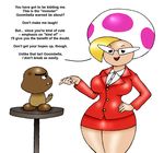  clothed clothing eyewear fangs glasses goomba hair jolene mario_bros nintendo odb-sxx penis plain_background short_skirt skirt small_penis suit table text tiny_penis video_games white_background wide_hips 