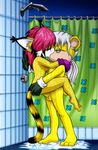  bbmbbf fan_character feline female kissing lynx male mammal mongoose palcomix penetration penis shower sonic_(series) 