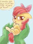  2015 anon apple_bloom_(mlp) blue_background blush cub dialogue duo earth_pony english_text equine female feral friendship_is_magic green_skin hair holding horse mammal mcponyponypony my_little_pony plain_background pony red_jair text young 