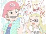  1girl :d blue_eyes collared_shirt commentary_request company_connection crossover domino_mask f.l.u.d.d. facial_hair fist_bump gloves hat height_difference highres inkling looking_at_another mario mario_(series) mask mustache open_mouth orange_eyes overalls pointy_ears shirt short_sleeves smile splatoon_(series) splatoon_1 super_mario_bros. super_mario_sunshine super_soaker tentacle_hair translation_request water_gun white_gloves 