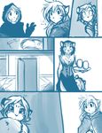  2015 adira_(twokinds) anthro chest_tuft cloak clothing cute feline female flora_(twokinds) fur group hair human keidran leopard maeve_(twokinds) male mammal outside plain_background snow_leopard tiger tom_fischbach trace_legacy tuft twokinds white_background 