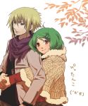  1boy 1girl ahoge alternate_costume blonde_hair brera_sterne brother_and_sister cero_(cerocero) fur_trim green_hair hair_ornament hairpin hetero hug hug_from_behind incest looking_at_viewer macross macross_frontier poncho ranka_lee red_eyes scarf short_hair siblings smile 