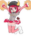  anthro baseball_uniform bloomers blush bovine buffalo_bell cheerleader clothed clothing cub female footwear fur gloves hair hat horn jumping kemonon mammal mascot nippon_professional_baseball open_mouth orix_buffaloes pink_eyes pink_hair plain_background pom_poms shoes skirt solo sweat tail_tuft tuft underwear upskirt white_background white_fur young 