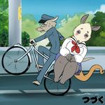  bike blush breasts duo female friedrich from_up_on_poppy_hill ghibli happy japanese_text male mammal marsupial mother opossum parent parody poppy_opossum poppy_opossum_(character) scar schoolgirl struggling sweat text uniform wheelie 