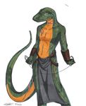  anthro bracers clothed clothing garrote green_scales half-dressed koshkio leather lizard loincloth looking_at_viewer reptile scales scalie scar serpentarius solo topless zodiac 