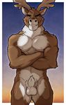  abs aluminemsiren anthro biceps cervine deer fur green_eyes male mammal muscles nipples pecs ruxley teeth 