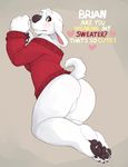 anthro backsack balls blush bottomless brian_griffin brown_eyes butt canine clothed clothing dog family_guy fur half-dressed male mammal pawpads paws seth-iova solo text white_fur 