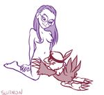  anthro avian beak breasts digimon duo eye_contact eyewear feathers female glasses hawkmon headband human kneeling looking_down male mammal nude rear_view size_difference slutmon tail_feathers winged_arms wings yolei_inoue 