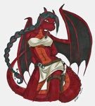  anthro black_hair braided_hair clothed clothing dagger dragon female hair horn invalid_tag knife koshkio long_hair looking_at_viewer red_scales scales scalie skirt solo spots the_clan tribal weapon wings 