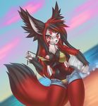  2015 anthro bra breasts canine clothing female fennec fox looking_at_viewer mammal nipples panties red_eyes red_highlights shorts sif solo underwear 
