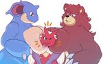  2015 anthro avian bear big_breasts bird blaziken blue_eyes breasts brown_fur chicken chubby claws female fur grizzly_bear group hair hi_res huge_breasts male mammal milf mother nidoqueen nintendo nude open_mouth parent plain_background pok&eacute;mon smile smt1923 ursaring video_games 