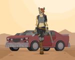  axe belt boots breasts brown_hair car clothed clothing desert eyewear female goggles green_eyes grin gun hair hair_over_eye hyena jacket looking_at_viewer mammal midriff phlegraofmystery ranged_weapon shotgun solo torn_clothing weapon 