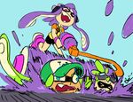  alex_ahad blue_eyes eyewear goggles green_hair hair hat headphones humanoid ink inkling laugh nintendo open_mouth paint_roller purple_eyes purple_hair splatoon tentacle_hair tentacles video_games 