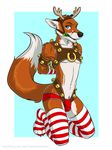  2014 anthro antlers bdsm bell bit_gag blue_eyes bondage bound bulge canine cervine christmas clothed clothing costume crossdressing fox fur gag gagged girly half-dressed harness holidays horn legwear looking_at_viewer male mammal panties plain_background reindeer solo stockings thewhitefalcon underwear 