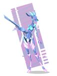  abstract_background android antelope breasts female futuristic gazelle glowing glowing_eyes gun horn mammal naturally_censored nude phlegraofmystery pink_eyes ranged_weapon rifle solo standing weapon wide_hips 