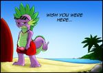  2015 anthro clothing dragon english_text erection exelzior-maximus friendship_is_magic grin looking_at_viewer male my_little_pony penis scalie smile solo spike_(mlp) swimming_trunks swimsuit text 