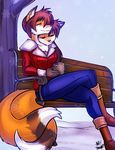  bench boots breasts canine clothed clothing coat conjoined duo ear_piercing eyes_closed female fox happy karisha_and_mena mammal multiple_tails orange_eyes phantomshotgun piercing sibling sisters smile snow tree twins winter 