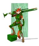  antennae armor backpack belt blue_eyes boots box clothed clothing female fingerless_gloves gloves gun mammal phlegraofmystery ranged_weapon red_panda rifle smile solo standing weapon 