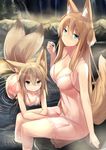  animal_ears babydoll blonde_hair blue_eyes blush breasts cleavage cup fox_ears fox_tail green_eyes haik hair_flaps highres kokonoe_hisagi kokonoe_tsubaki large_breasts long_hair looking_at_viewer medium_breasts multiple_girls multiple_tails original partially_submerged rock sakazuki see-through sitting smile tail 