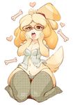  animal_ears bare_shoulders bespectacled blonde_hair bone breasts cleavage commentary dog_ears dog_girl dog_tail doubutsu_no_mori full_body furry glasses hands_on_own_face highres navel off_shoulder purple-framed_eyewear saliva seiza shirt shizue_(doubutsu_no_mori) simple_background sitting slugbox small_breasts solo tail thick_thighs thigh_gap thighhighs thighs tongue tongue_out topknot unbuttoned wide_hips 