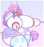  big_breasts bovine breast_milking breasts cattle chubby cowbell curly_hair female hair horn huge_breasts lactating long_hair mammal milking_machine purple_hair red_eyes solo tehbuttercookie wide_hips 