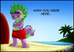  2015 anthro bulge clothing dragon english_text exelzior-maximus friendship_is_magic grin looking_at_viewer male my_little_pony scalie smile solo spike_(mlp) swimming_trunks swimsuit text 