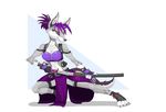  barefoot breasts canine eyeshadow female foot_wraps green_eyes hair katana makeup mammal midriff paws phlegraofmystery purple_hair smile solo sword weapon 