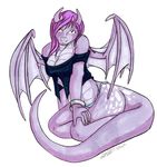 anthro clothed clothing dragon female horn invalid_tag koshkio looking_at_viewer purple_scales scales scalie sitting skyhl solo spots the_clan tribal wings 